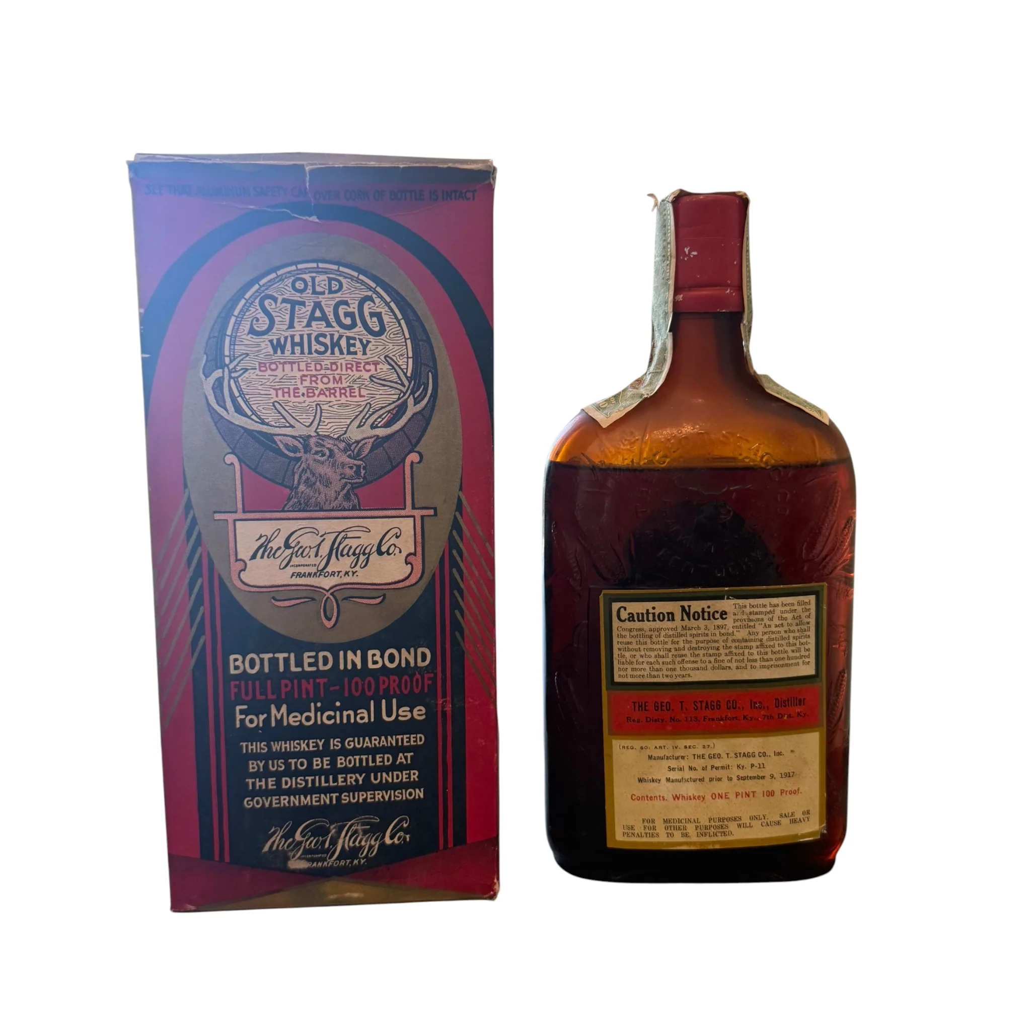 1916–1931 Old Stagg Medicinal Whiskey Pint w/ Original Box (Prohibition Era) - Image 2