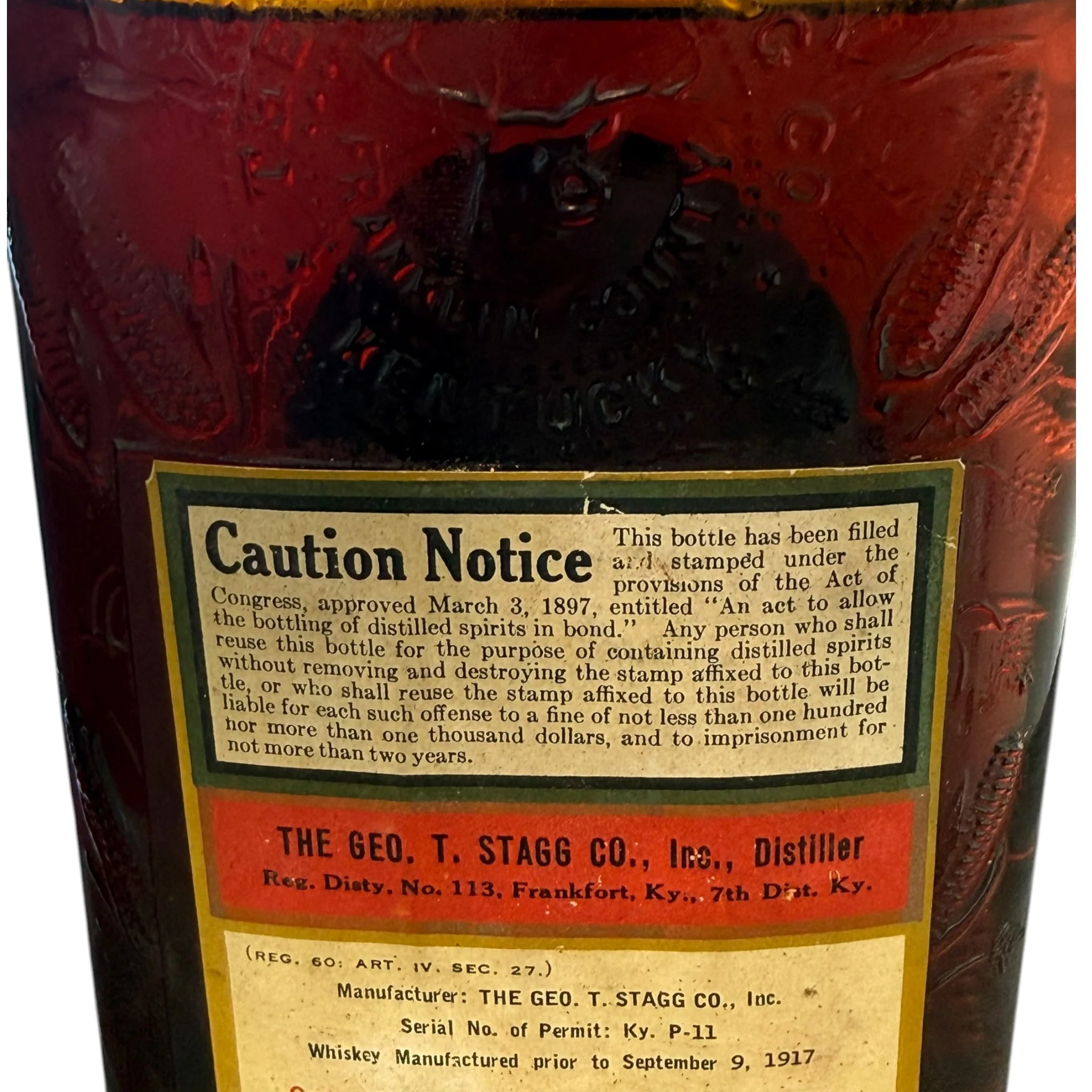 1916–1931 Old Stagg Medicinal Whiskey Pint w/ Original Box (Prohibition Era) - Image 3