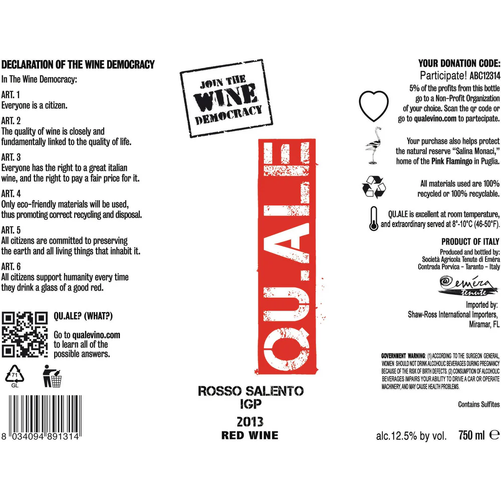 Tenute Emera QU.ALE Salento IGT Rosso Red Blend 750ml