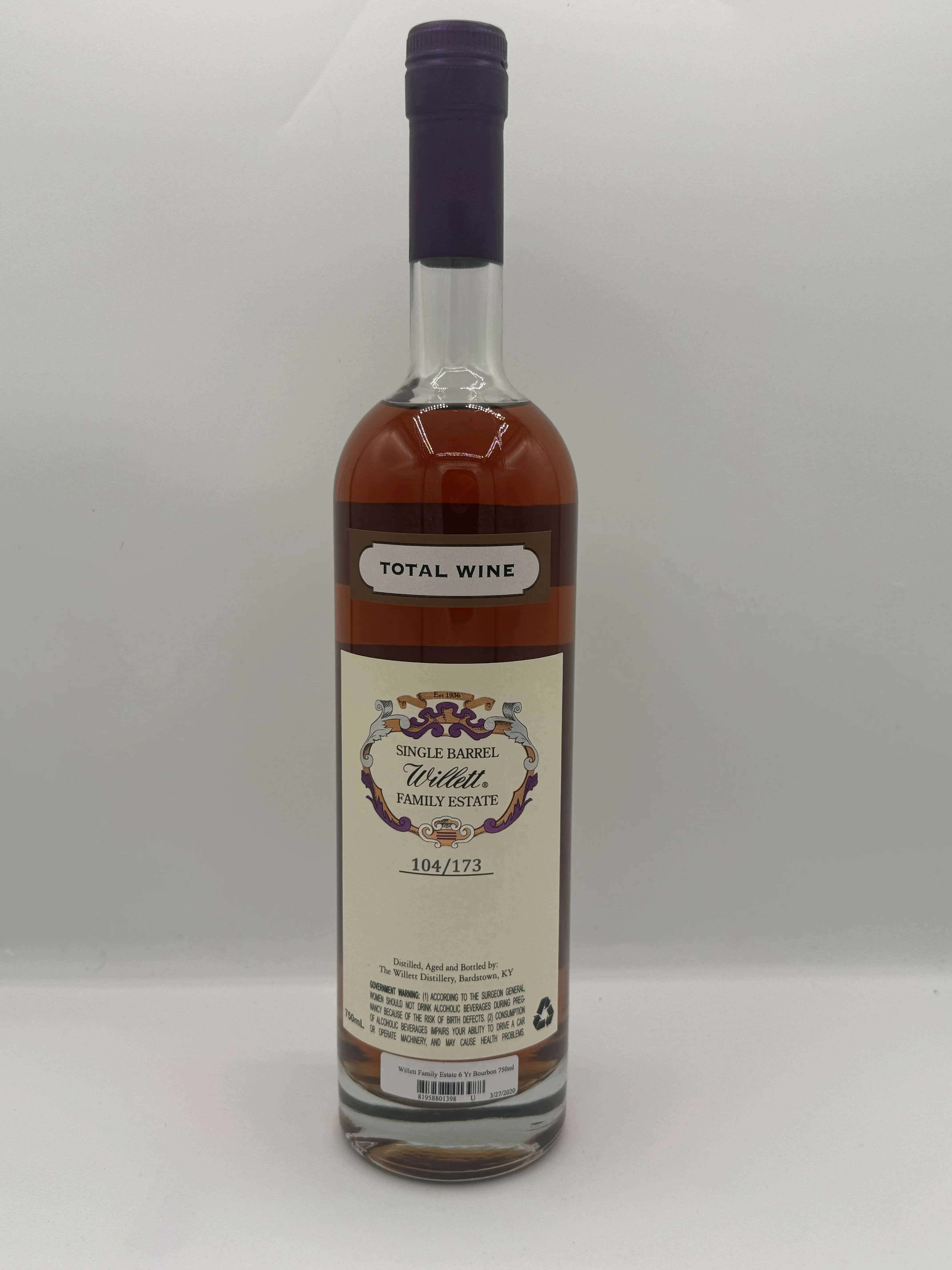 Willett Family Estate Single Barrel Bourbon 6 Year Old #3185 128.2 Proof (Total Wine) - Image 2